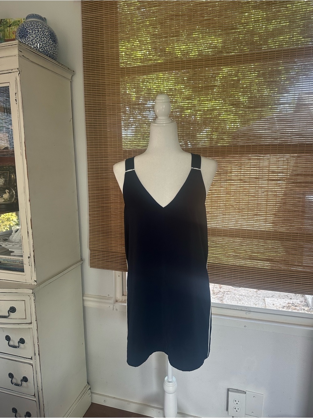 Navy Sleeveless V-Neck lounge or casual dress with White Side Stripes